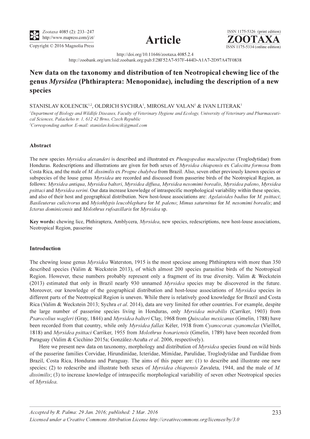 Phthiraptera: Menoponidae), Including the Description of a New Species