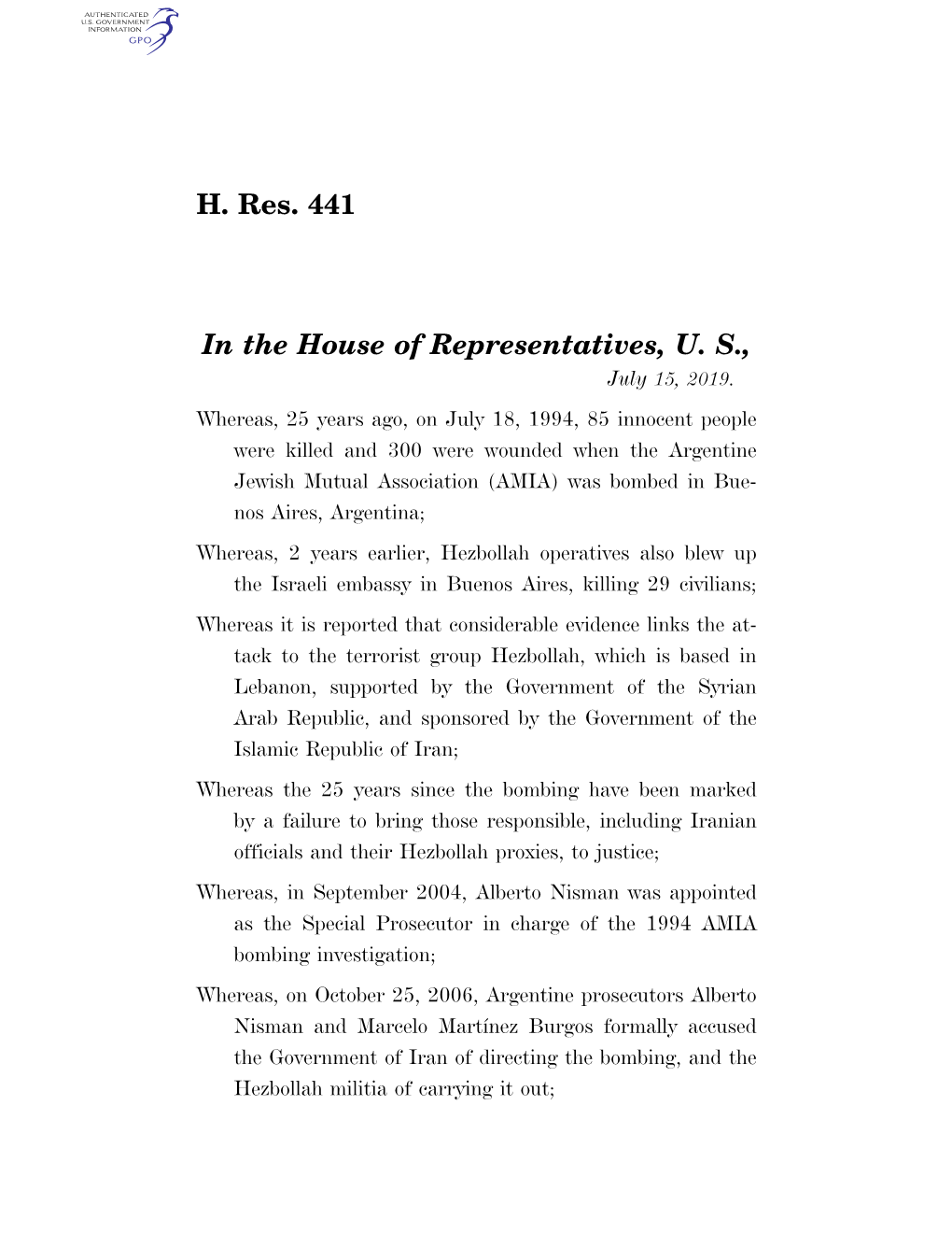 H. Res. 441 in the House of Representatives, U