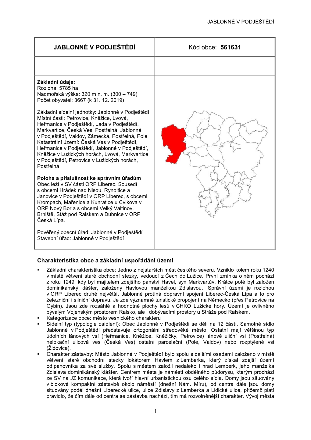 1 JABLONNÉ V PODJEŠTĚDÍ Kód Obce: 561631