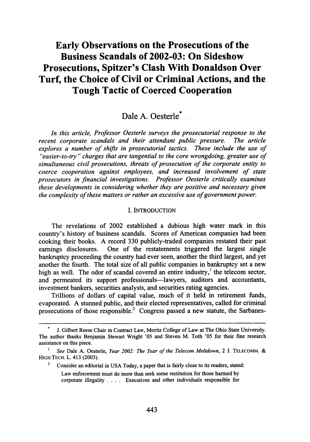 On Sideshow Prosecutions, Spitzer's Clash with Donaldson Over Turf, the Choice of Civil Or Criminal Actions, and the Tough Tactic of Coerced Cooperation