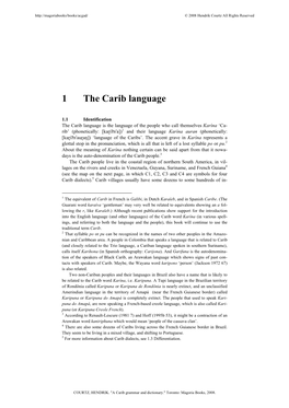 The Carib Language, Excerpted from a Carib Grammar and Dictionary