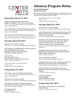 Advance Program Notes Crooked Road Festival March 19-23, 2014