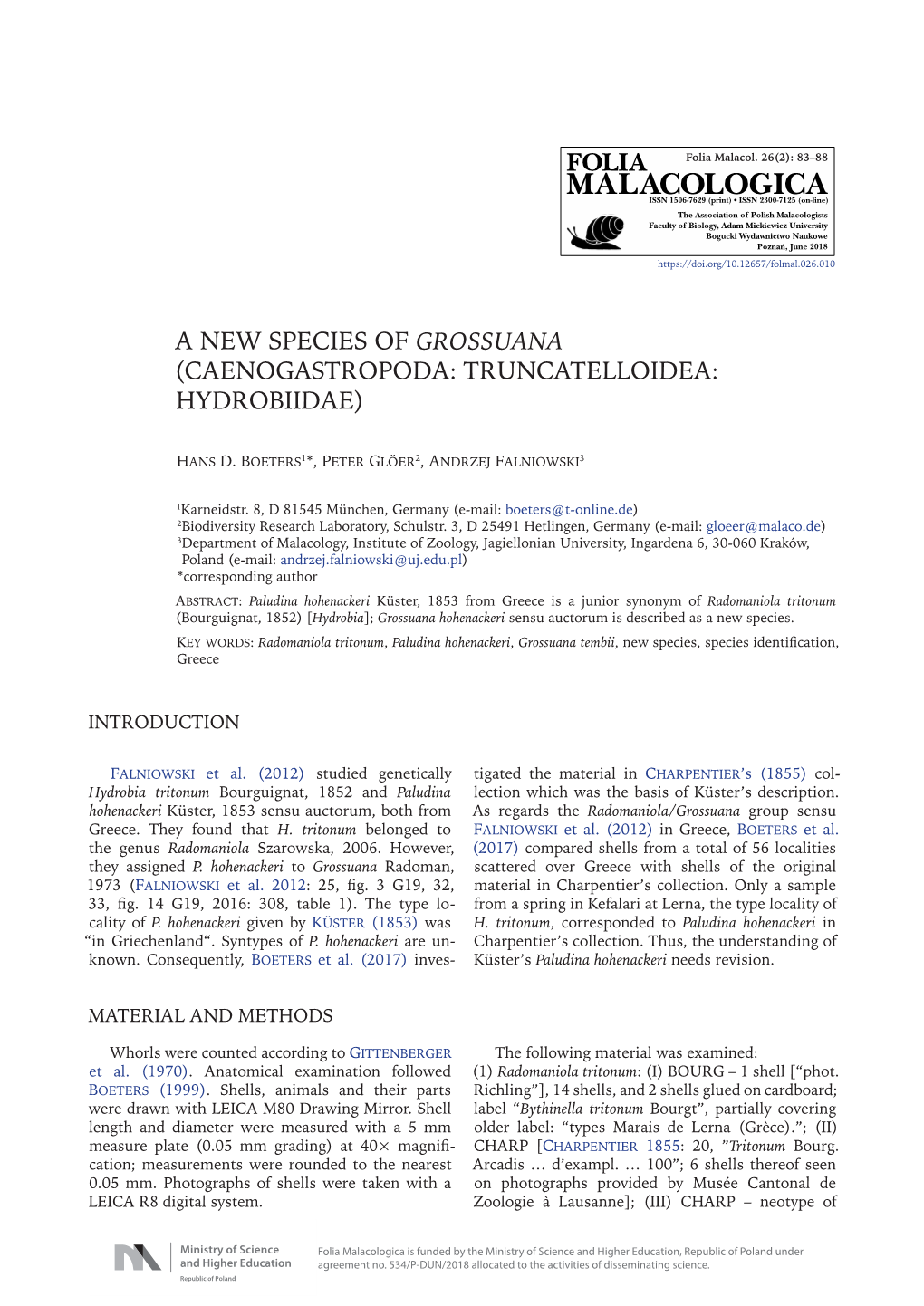 A New Species of Grossuana (Caenogastropoda: Truncatelloidea: Hydrobiidae)