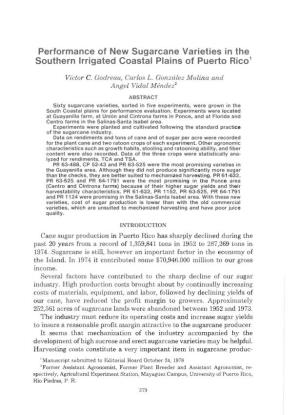 Performance of New Sugarcane Varieties in the Southern Irrigated Coastal Plains of Puerto Rico 1