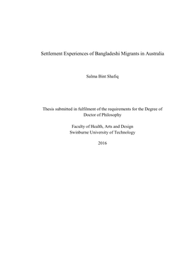 Settlement Experiences of Bangladeshi Migrants in Australia