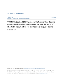 UCC 1-207: Section 1-207 Supersedes the Common Law