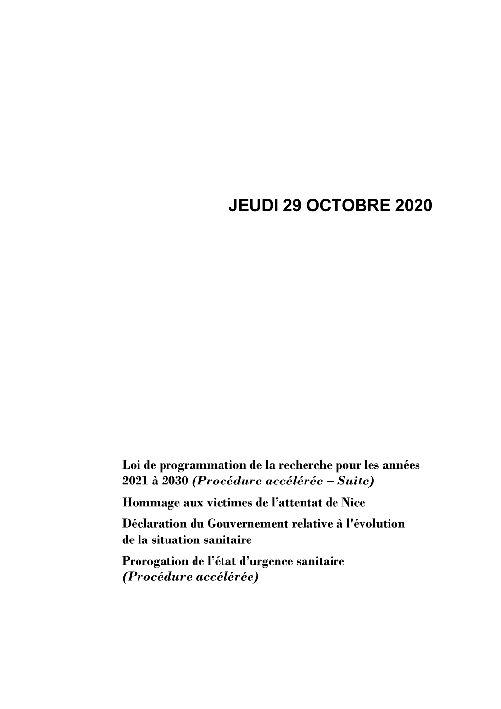 Jeudi 29 Octobre 2020