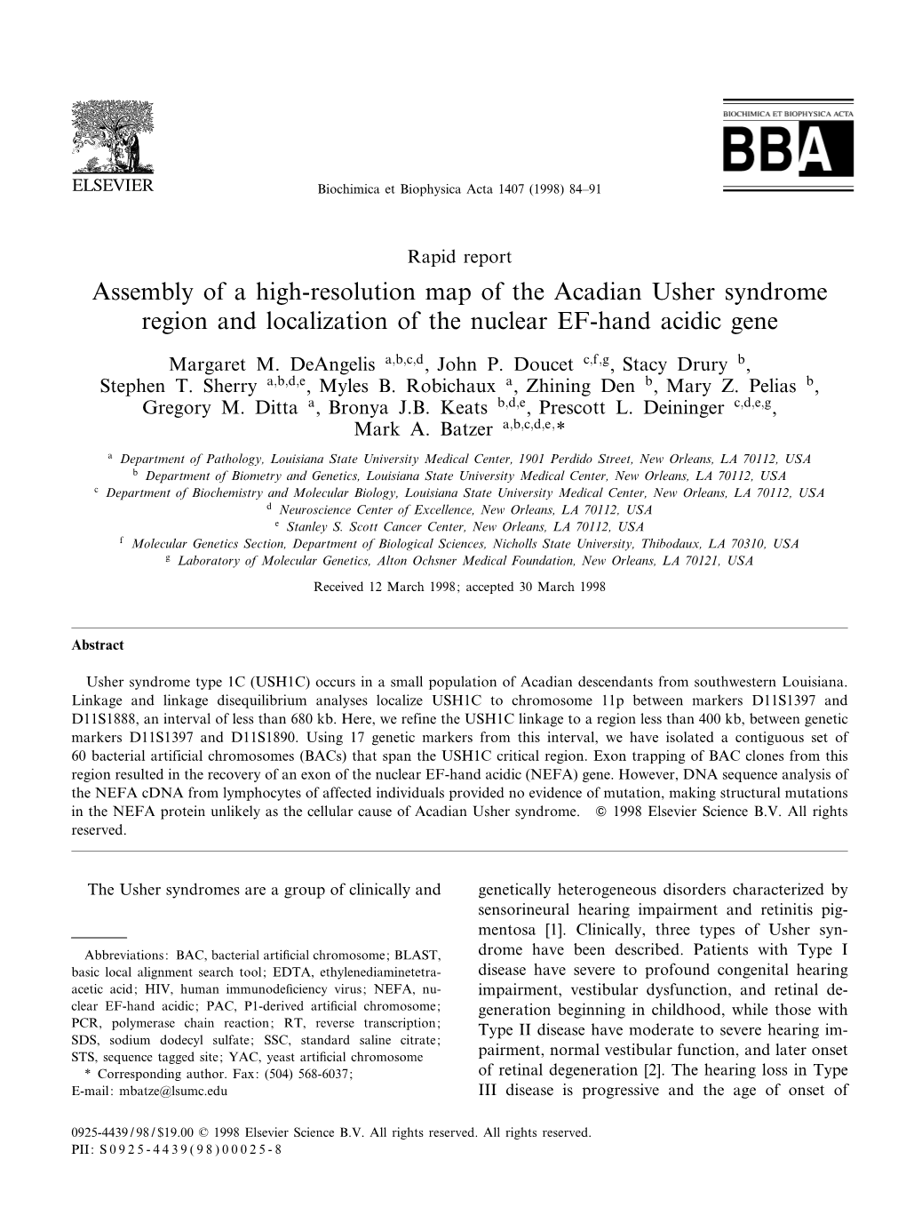 Assembly of a High-Resolution Map of the Acadian Usher Syndrome Region and Localization of the Nuclear EF-Hand Acidic Gene