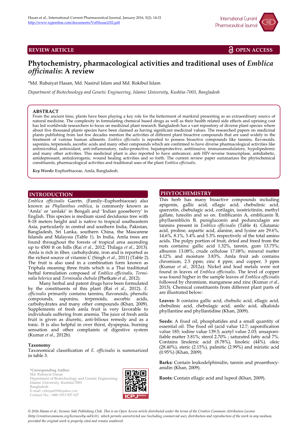 Phytochemistry, Pharmacological Activities and Traditional Uses of Emblica Officinalis: a Review