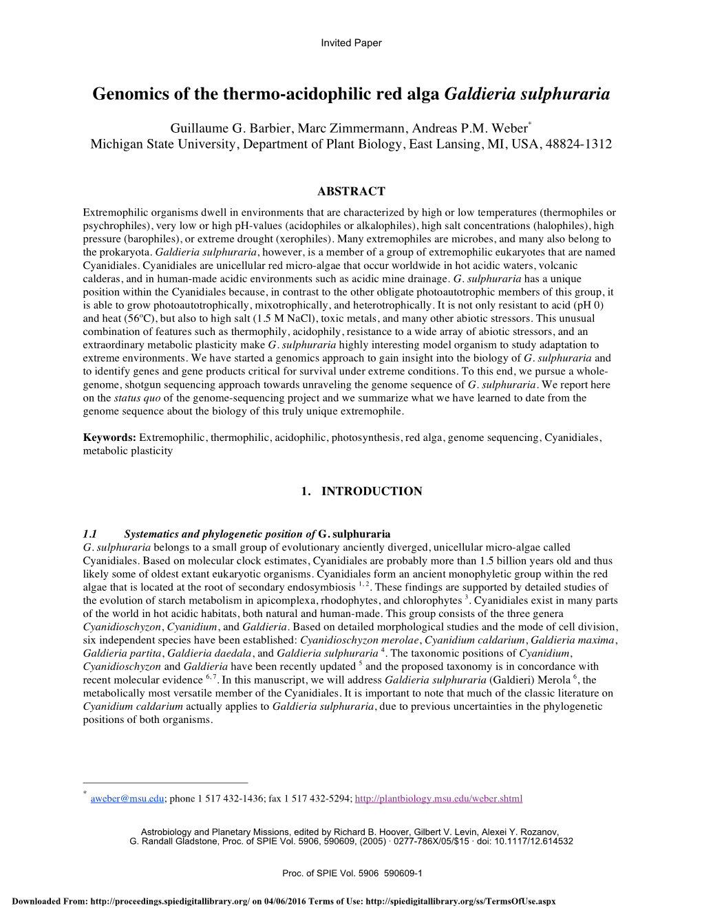 Genomics of the Thermo-Acidophilic Red Alga Galdieria Sulphuraria