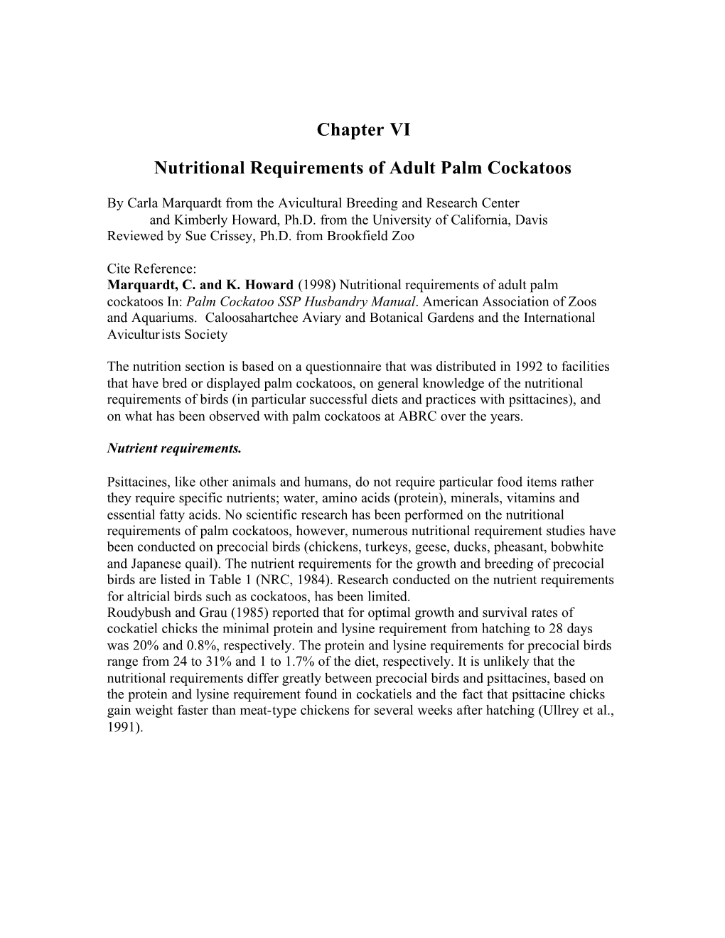 Chapter VI Nutritional Requirements of Adult Palm Cockatoos