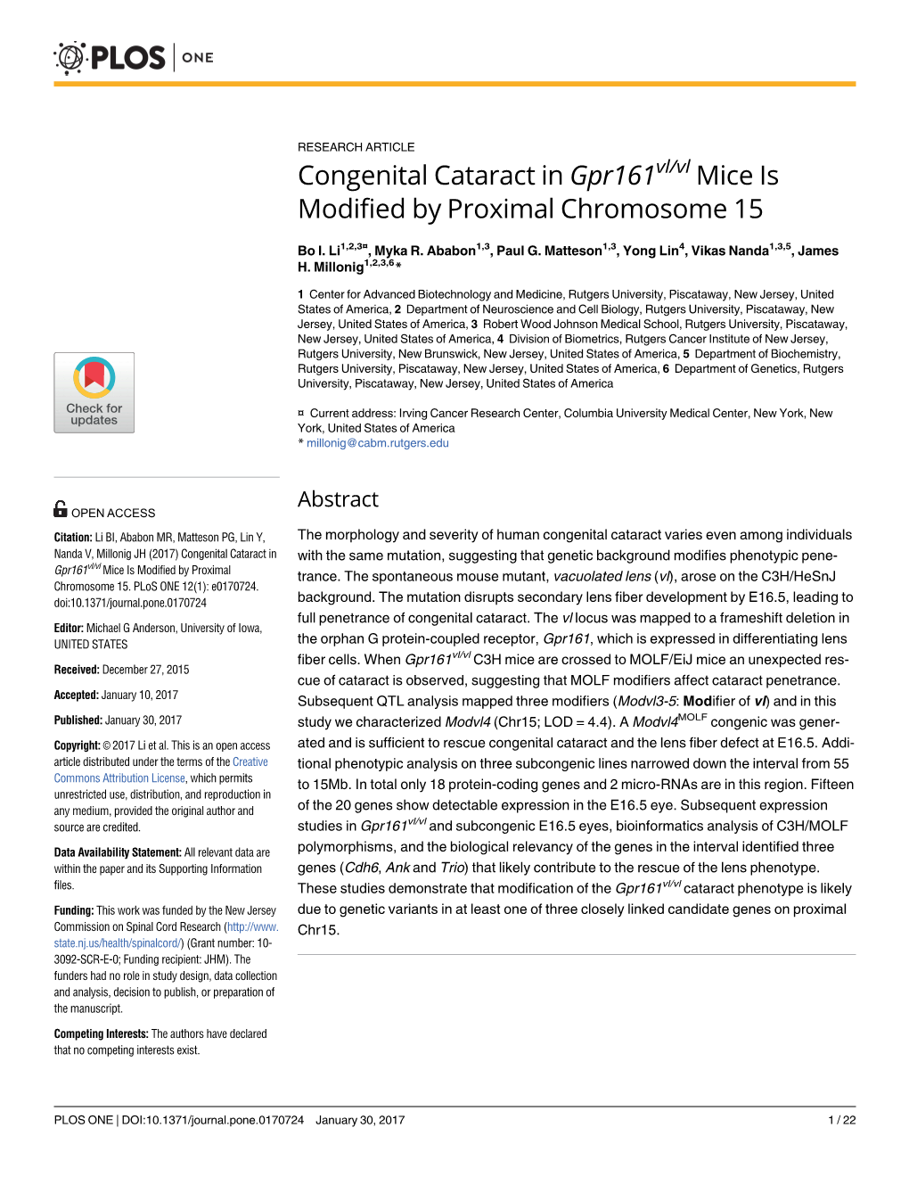 Congenital Cataract in Gpr161vl/Vl Mice Is Modified by Proximal Chromosome 15