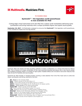 Syntronik™ - the Legendary Synth Powerhouse Is Now Available for Ipad