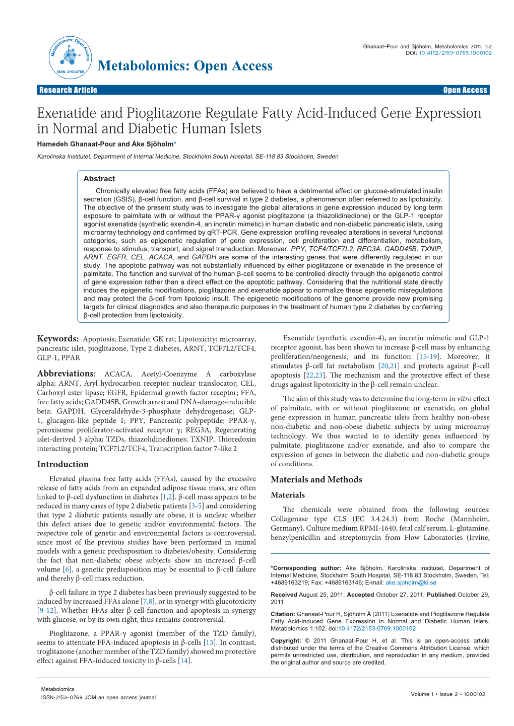 Exenatide and Pioglitazone Regulate Fatty Acid-Induced Gene