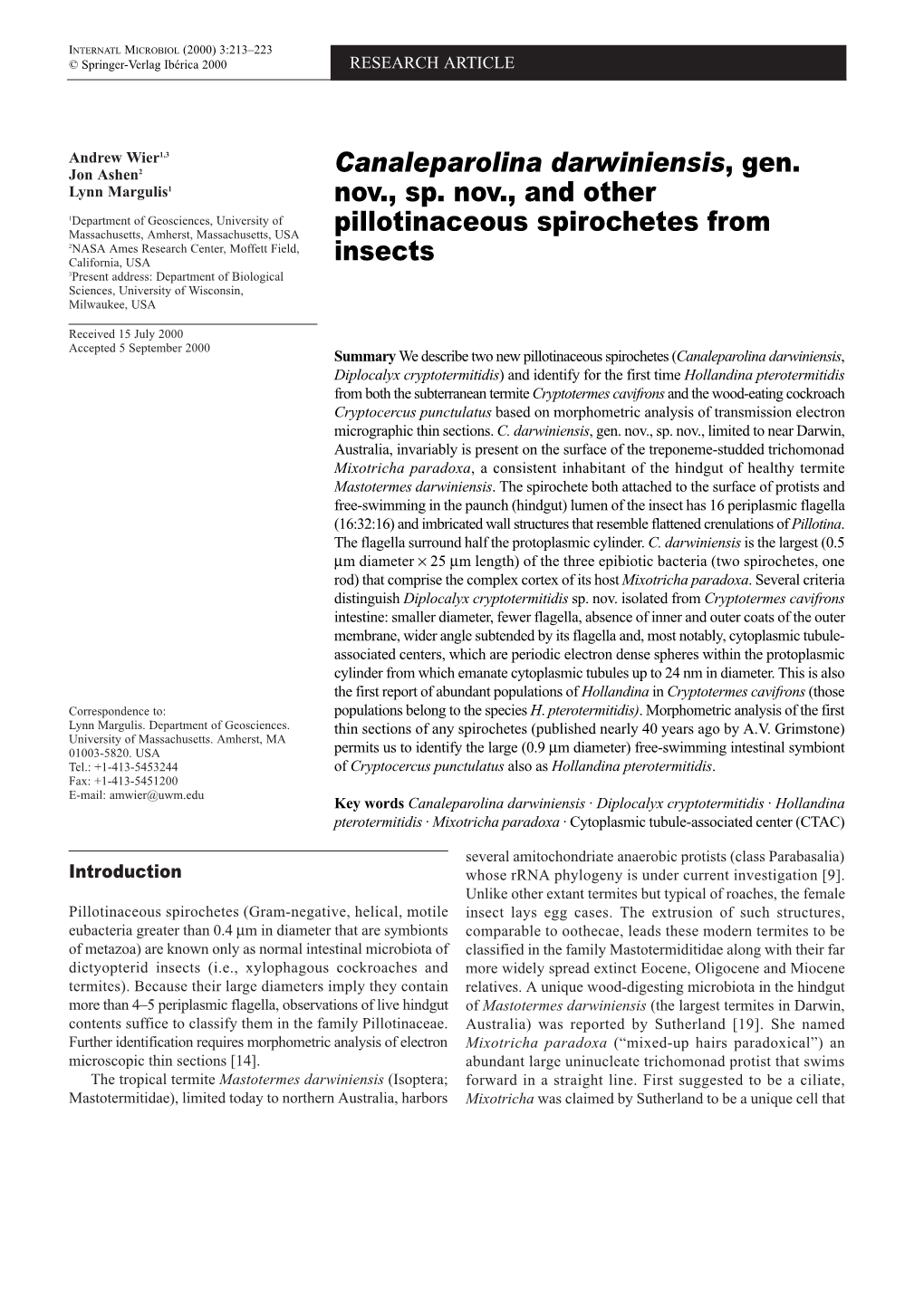 Canaleparolina Darwiniensis, Gen. Nov., Sp. Nov., and Other Pillotinaceous Spirochetes from Insects