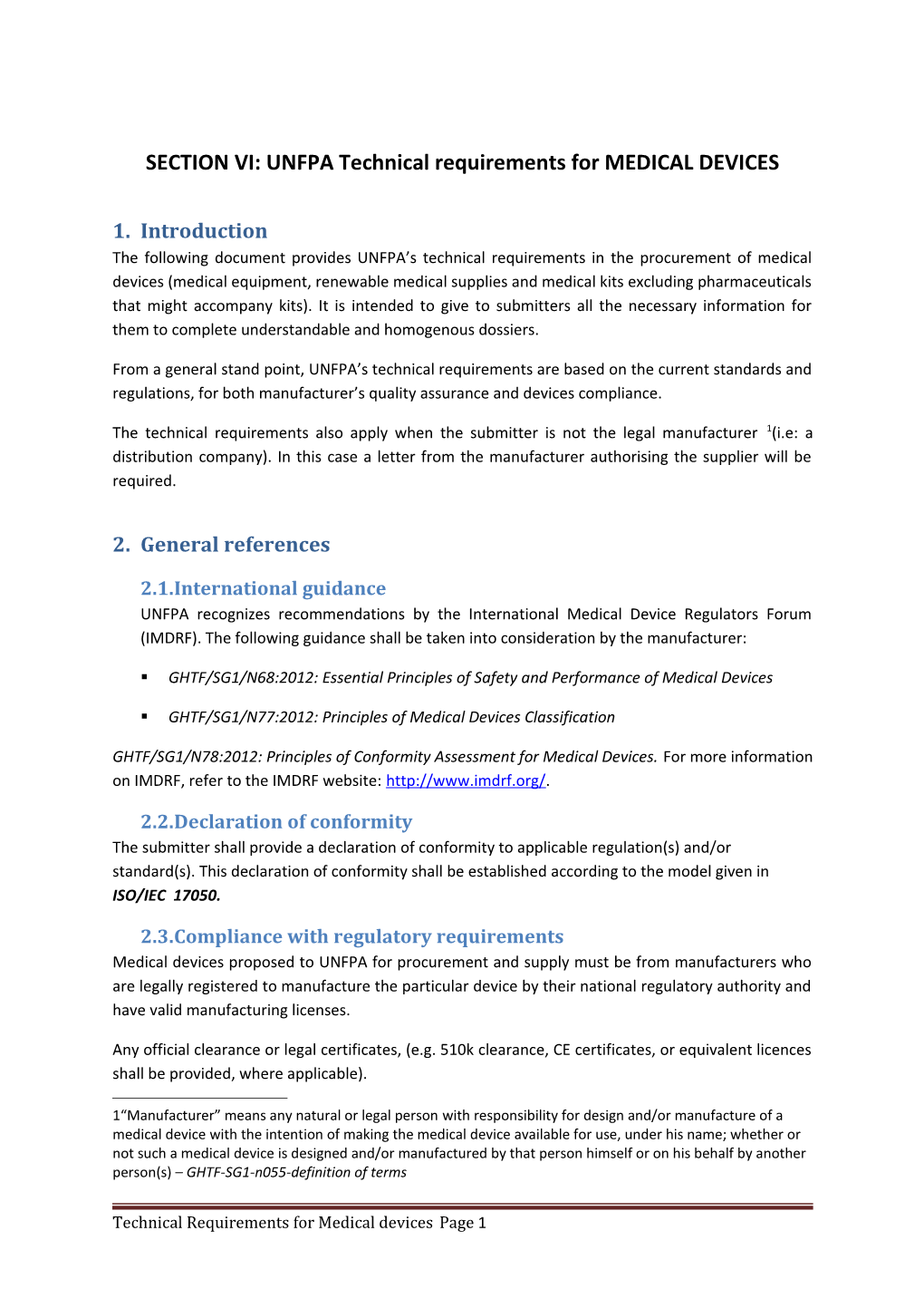 SECTION VI: UNFPA Technical Requirements for MEDICAL DEVICES