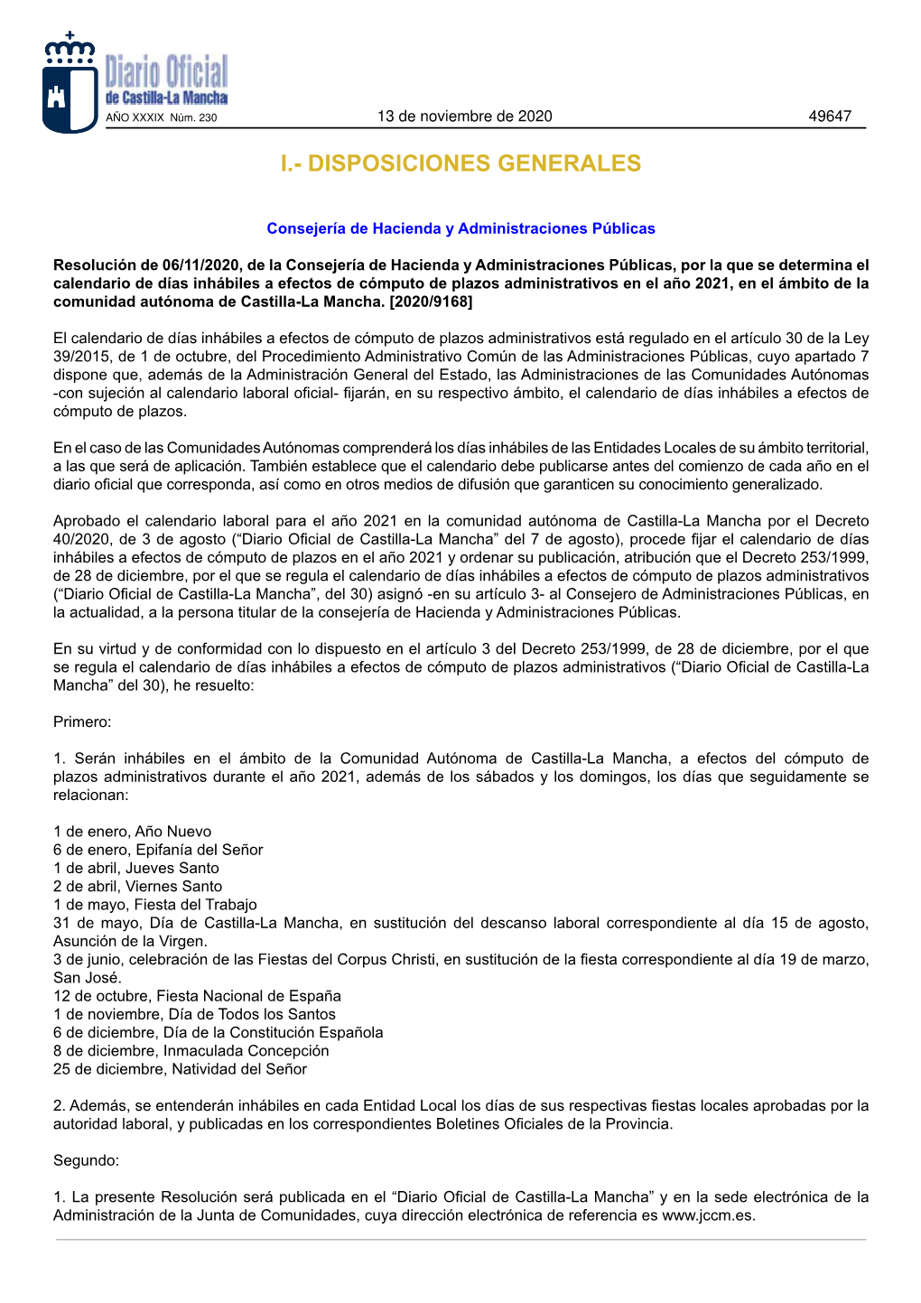 Calendario De Días Inhábiles a Efectos De Cómputo De Plazos Administrativos En El Año 2021, En El Ámbito De La Comunidad Autónoma De Castilla-La Mancha