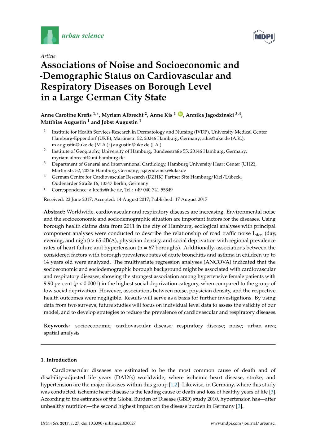 Associations of Noise and Socioeconomic and -Demographic Status on Cardiovascular and Respiratory Diseases on Borough Level in a Large German City State