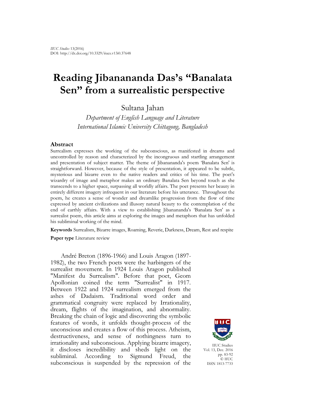 Reading Jibanananda Das's “Banalata Sen” from a Surrealistic