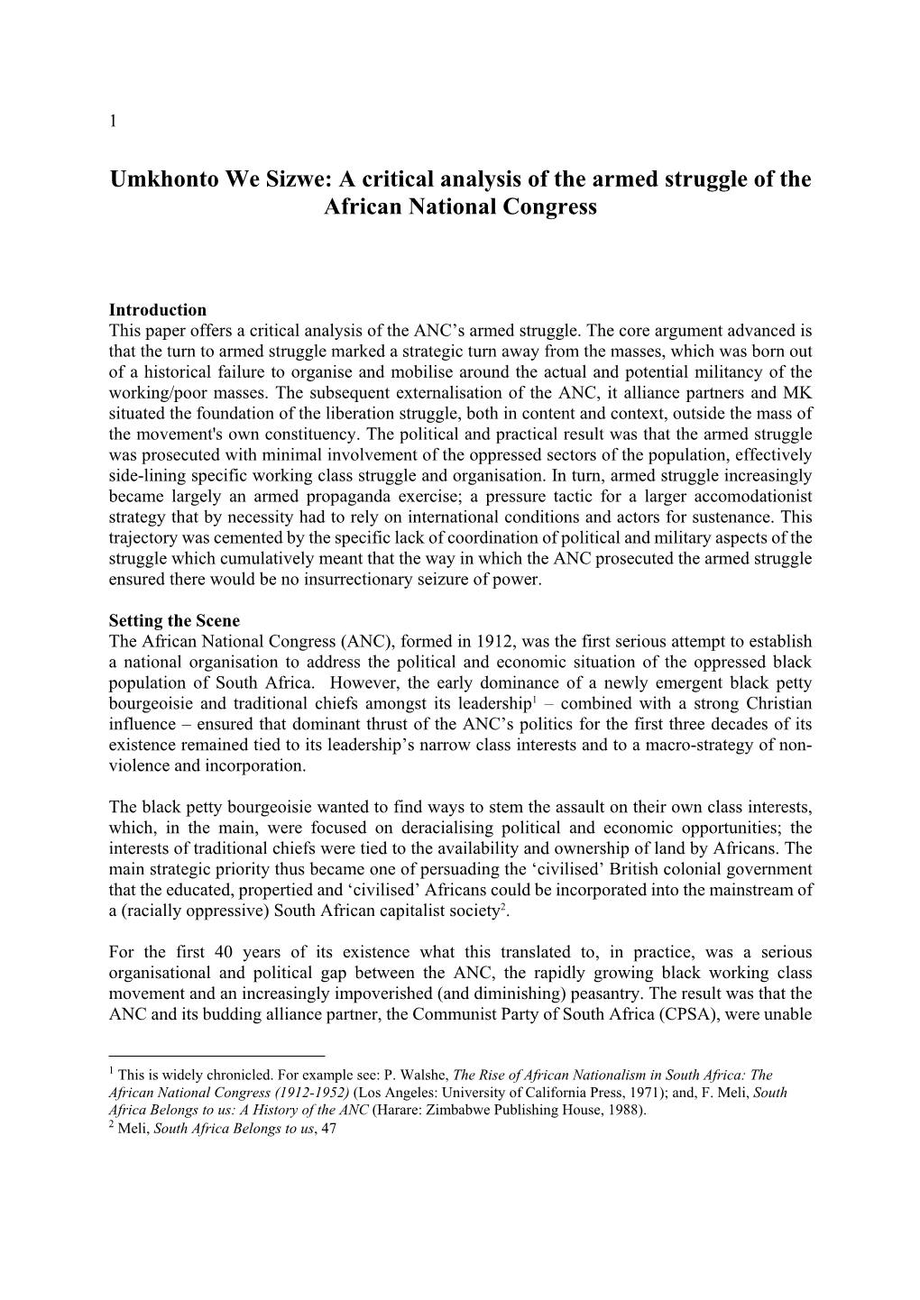 Umkhonto We Sizwe: a Critical Analysis of the Armed Struggle of the African National Congress