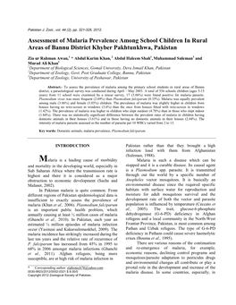 Assessment of Malaria Prevalence Among School Children in Rural Areas of Bannu District Khyber Pakhtunkhwa, Pakistan