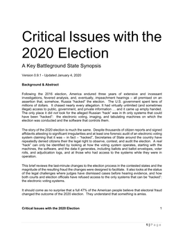 Critical Issues with the 2020 Election a Key Battleground State Synopsis