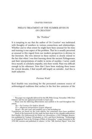 PHILO's TREATMENT of the NUMBER SEVEN in on CREATION1 the “Problem”