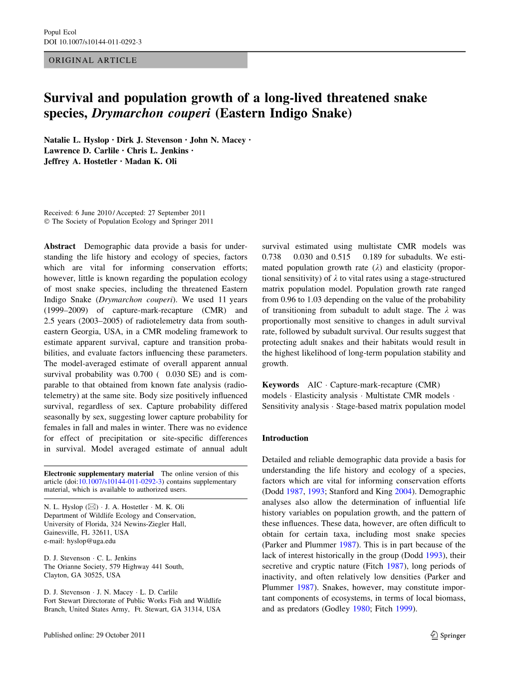 Survival and Population Growth of the Eastern Indigo Snake.Pdf