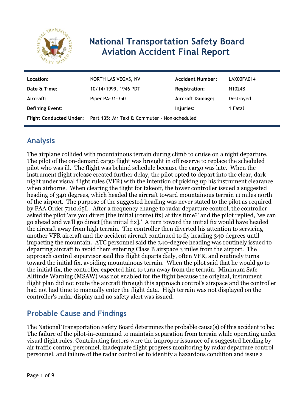 National Transportation Safety Board Aviation Accident Final Report