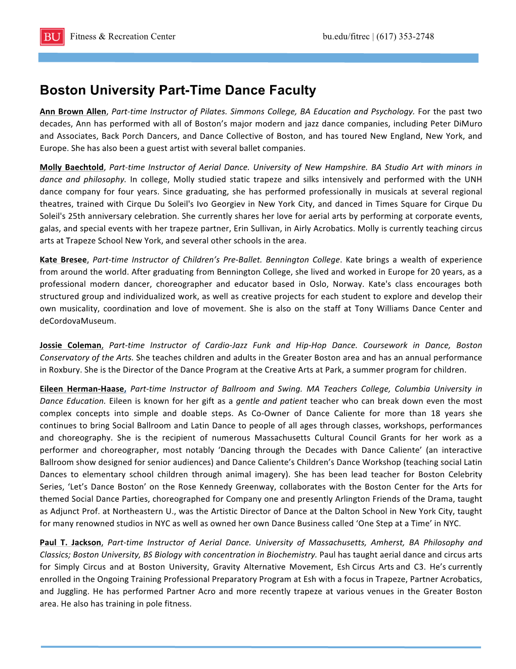 Boston University Part-Time Dance Faculty