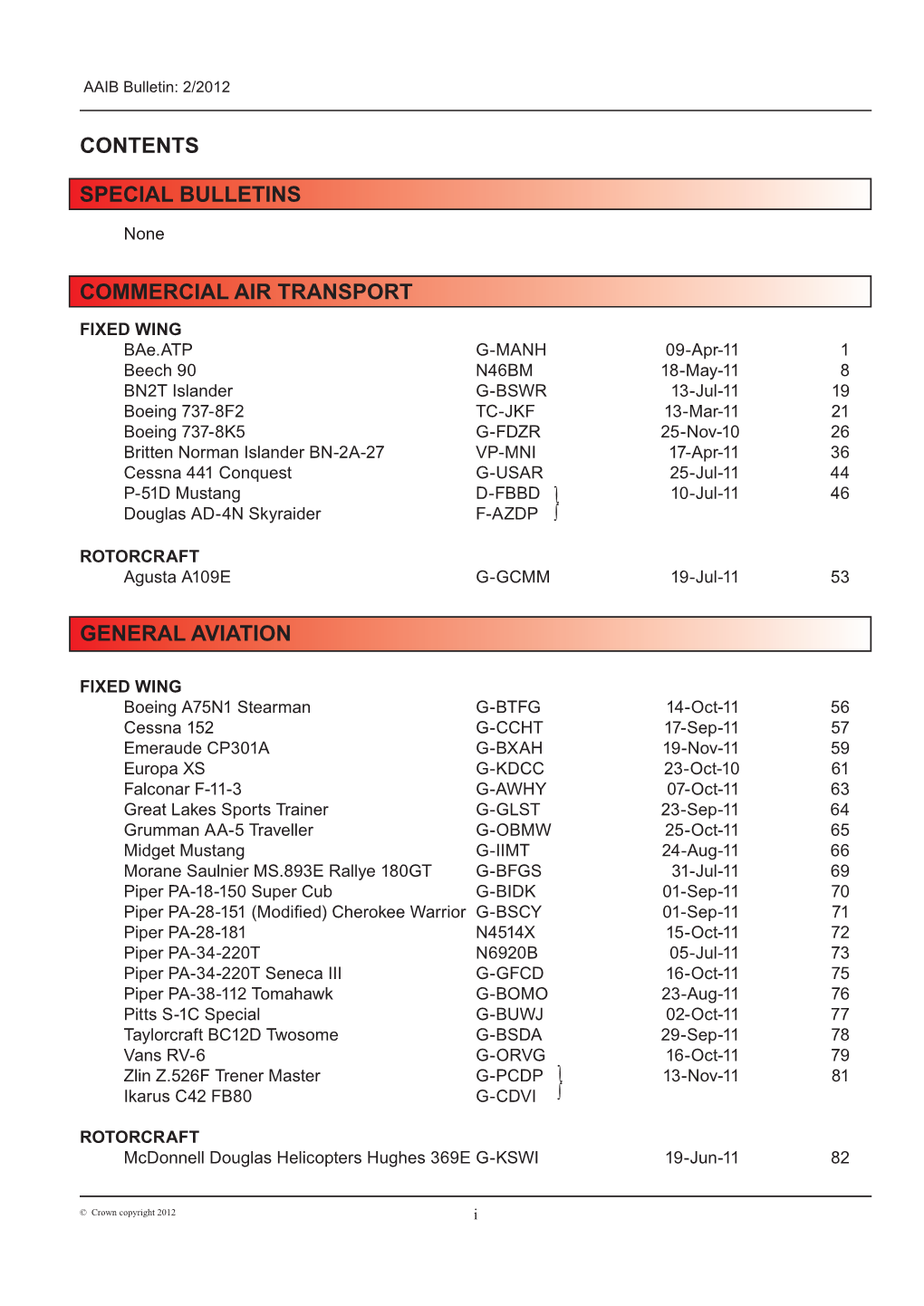 Special Bulletins Commercial Air Transport General Aviation Contents