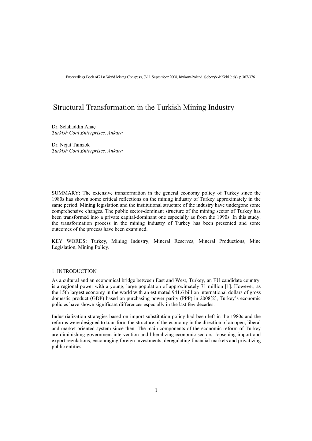 Tructural Transformation in the Turkish Mining Industry S