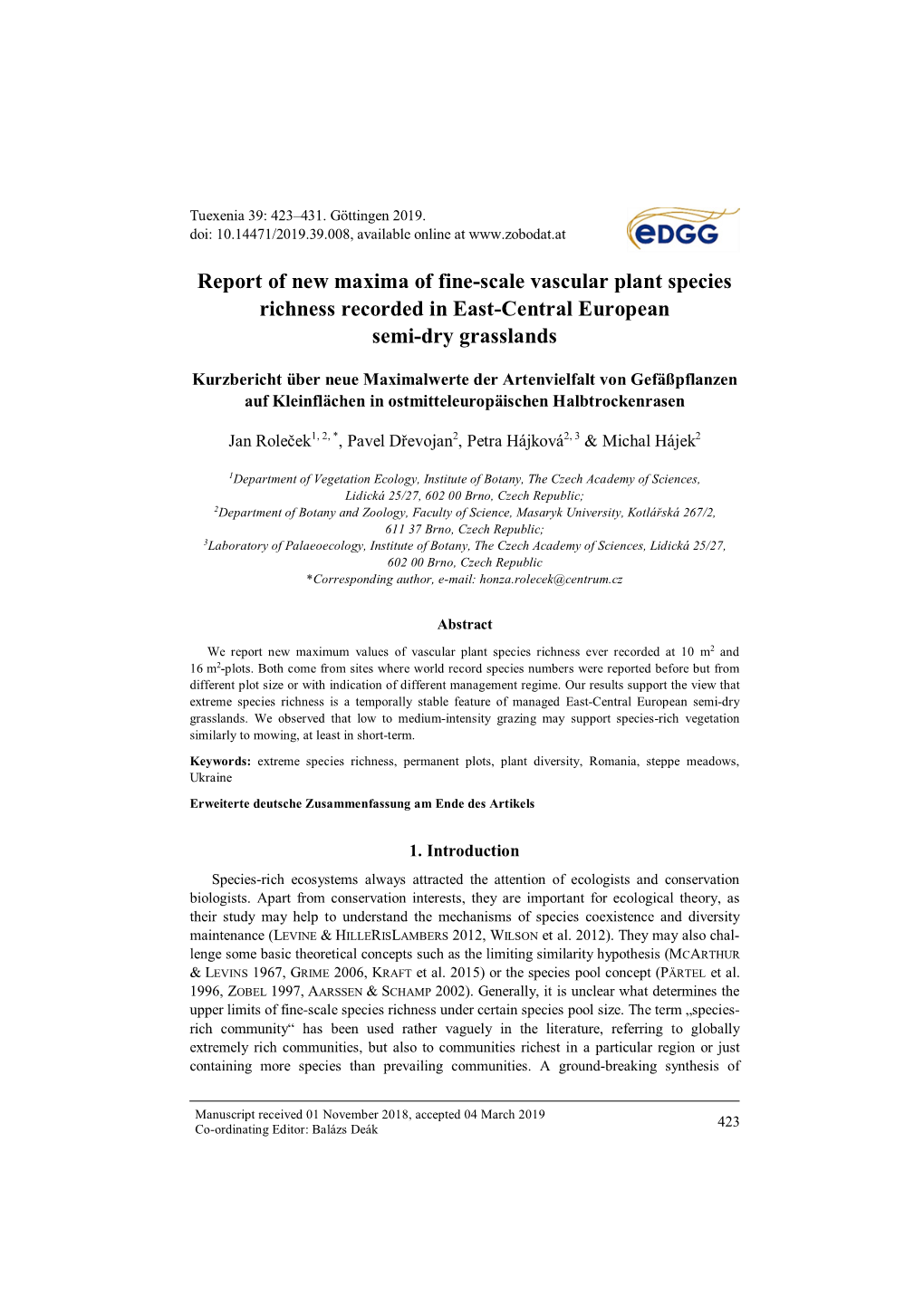 Report of New Maxima of Fine-Scale Vascular Plant Species Richness Recorded in East-Central European Semi-Dry Grasslands