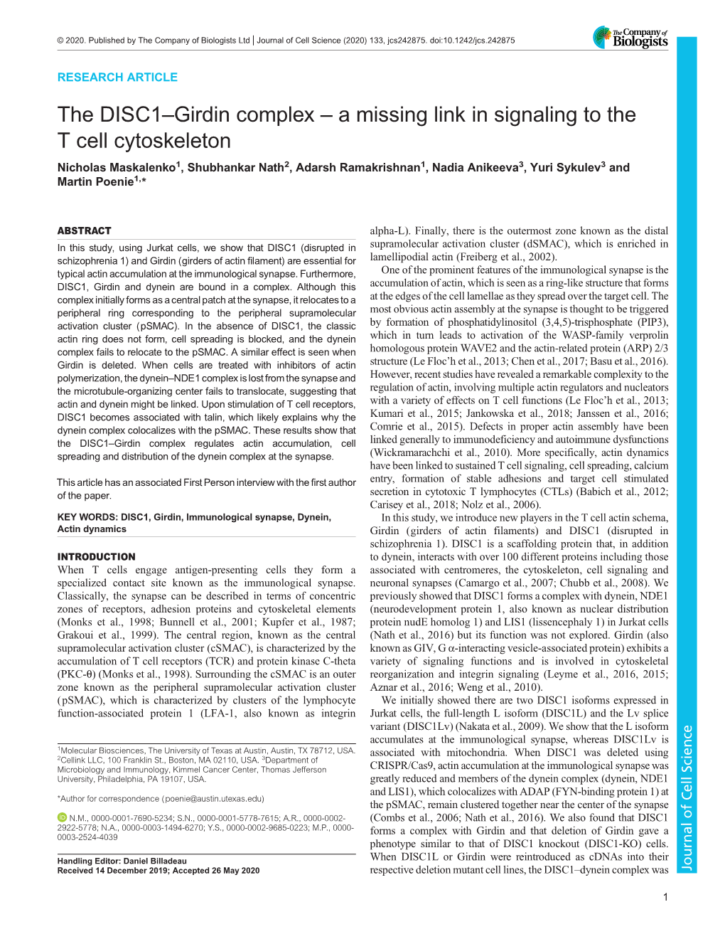 The DISC1–Girdin Complex – a Missing Link in Signaling to the T Cell Cytoskeleton