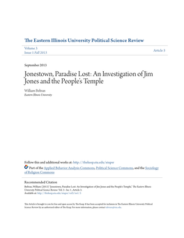 Jonestown, Paradise Lost: an Investigation of Jim Jones and the People’S Temple William Beltran Eastern Illinois University