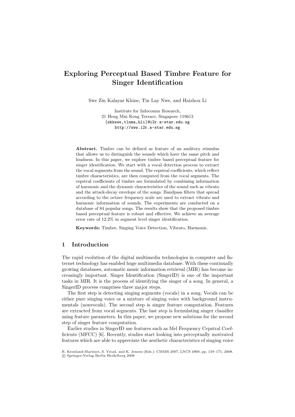 Exploring Perceptual Based Timbre Feature for Singer Identification