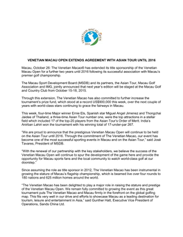 Venetian Macau Open Extends Agreement with Asian Tour Until 2016