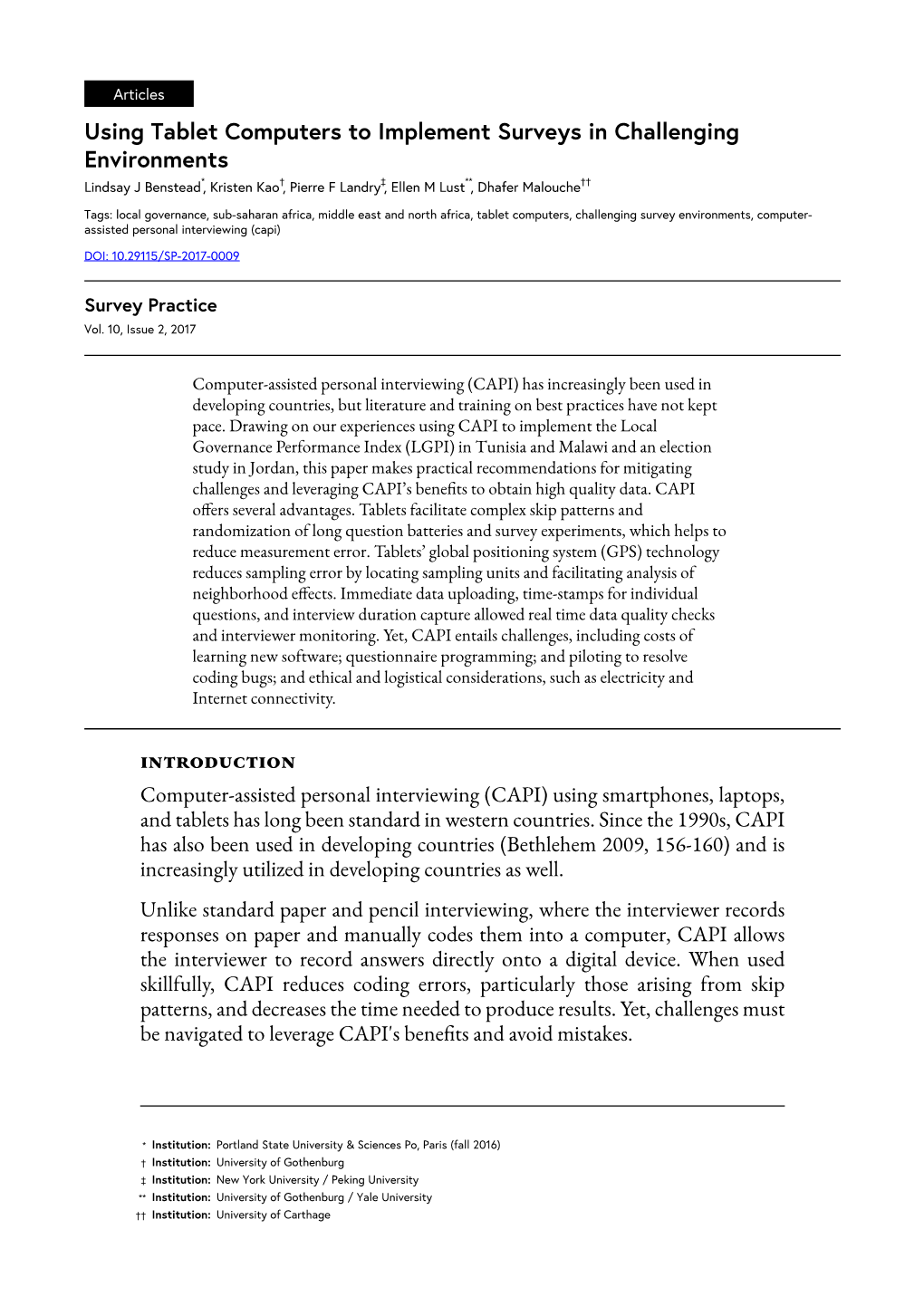 Using Tablet Computers to Implement Surveys in Challenging Environments Lindsay J Benstead*, Kristen Kao†, Pierre F Landry‡, Ellen M Lust**, Dhafer Malouche††