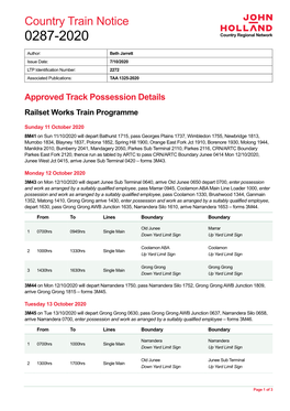 Country Train Notice 0287-2020 Country Regional Network