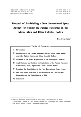 Proposal of Establishing a New International Space Agency for Mining the Natural Resources in the Moon, Mars and Other Celestial Bodies