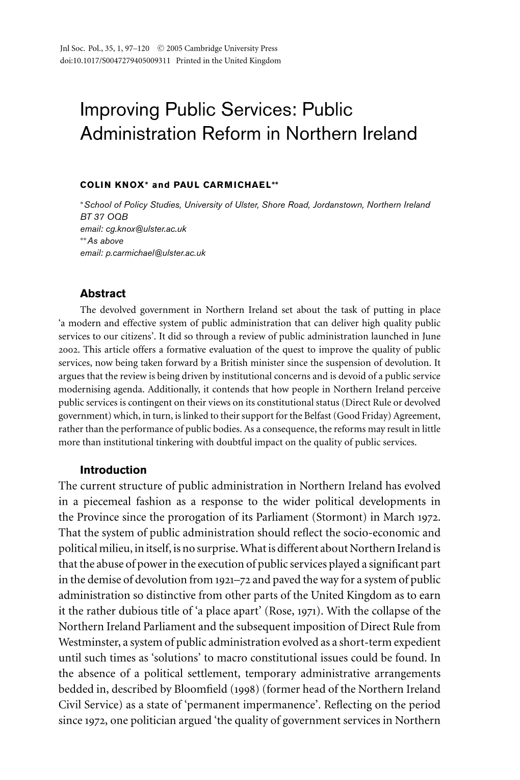 Public Administration Reform in Northern Ireland