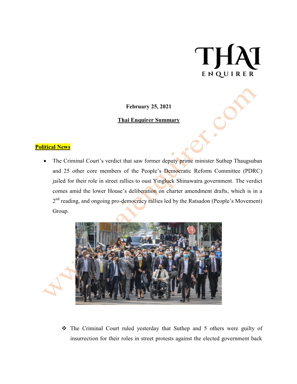 February 25, 2021 Thai Enquirer Summary Political News • The