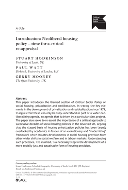 Neoliberal Housing Policy – Time for a Critical Re-Appraisal
