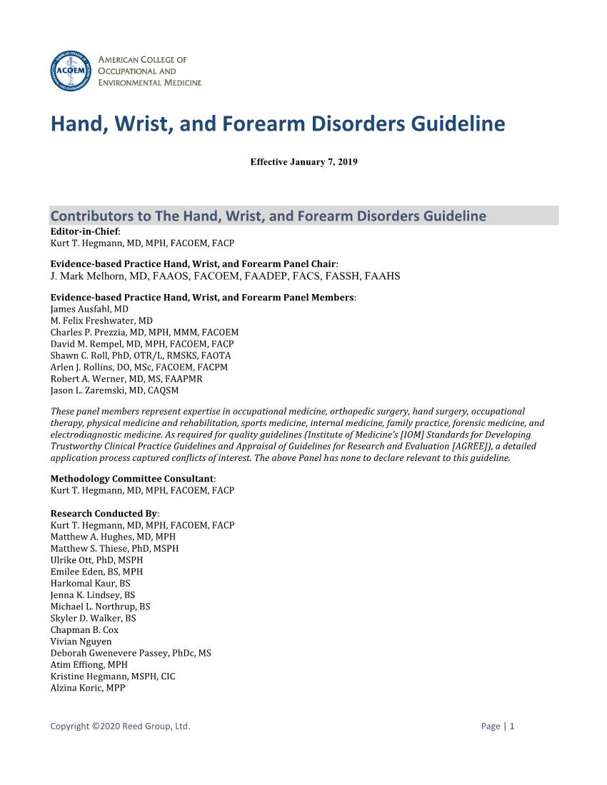 Hand, Wrist, and Forearm Disorders Guideline