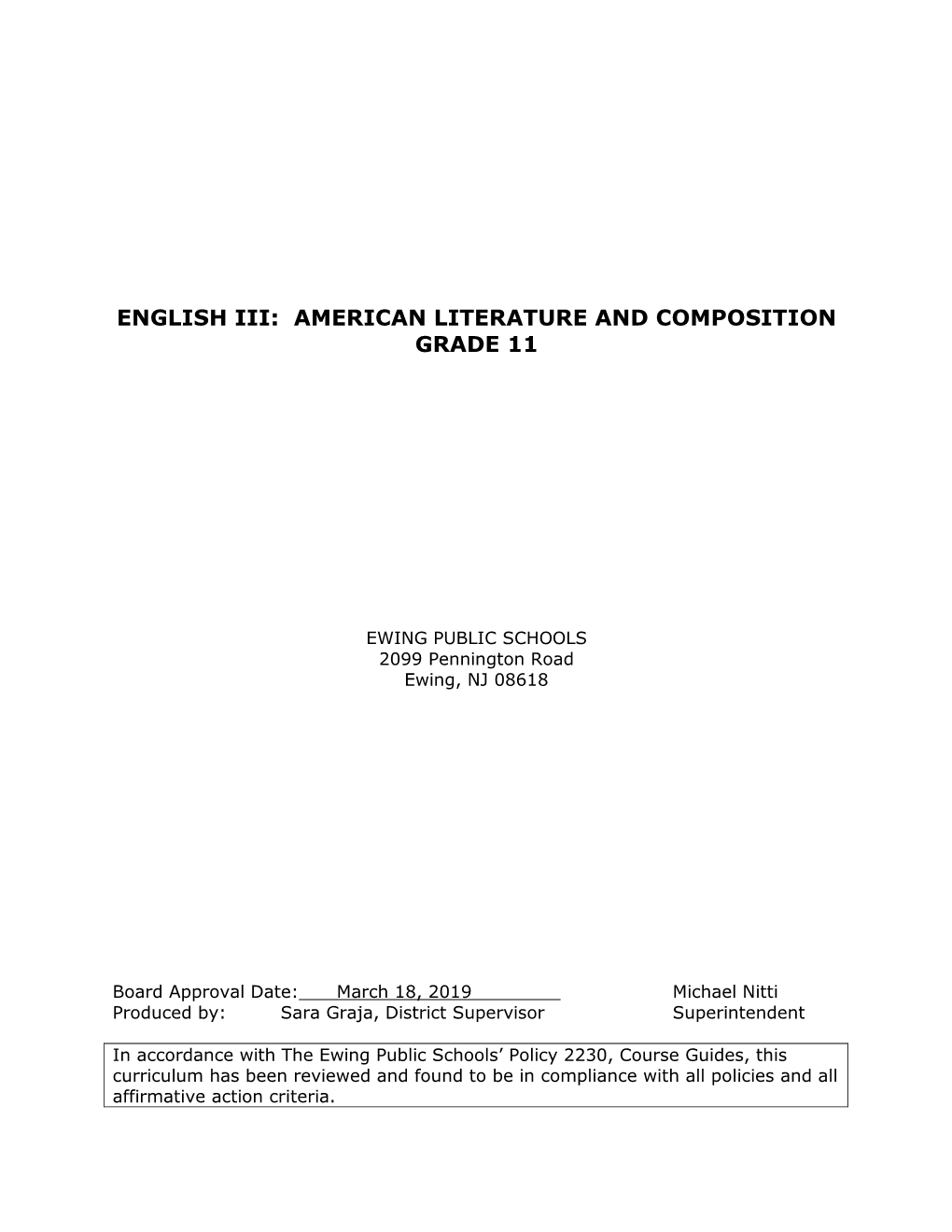 English Iii: American Literature and Composition Grade 11