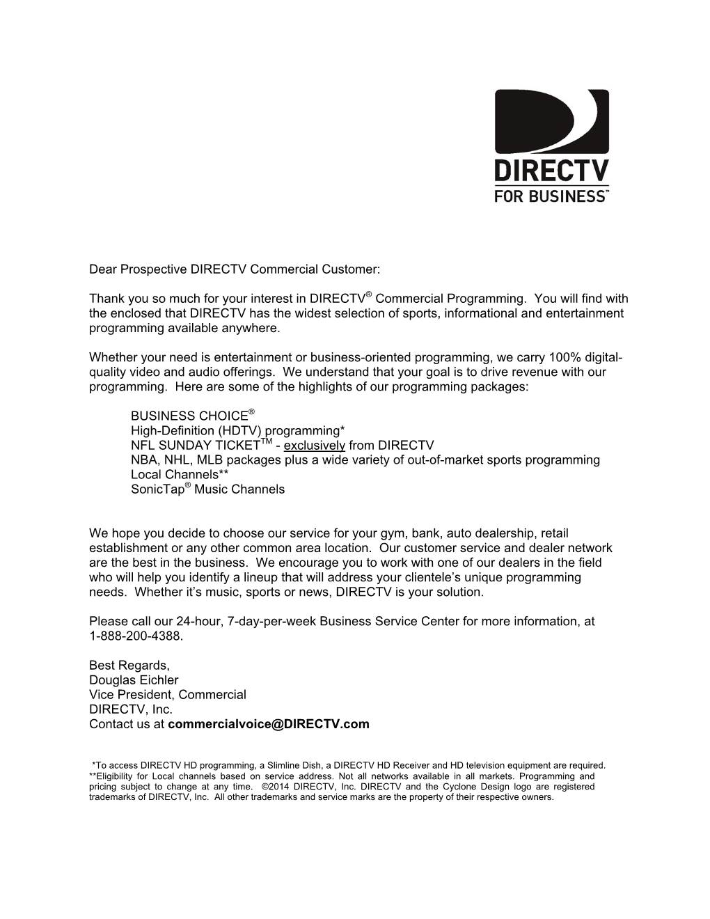 Dear Prospective DIRECTV Commercial Customer