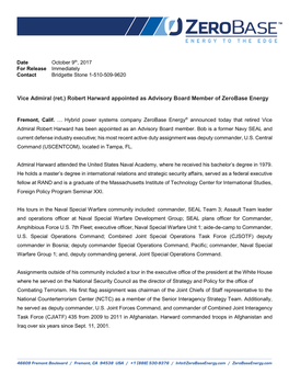 Vice Admiral (Ret.) Robert Harward Appointed As Advisory Board Member of Zerobase Energy