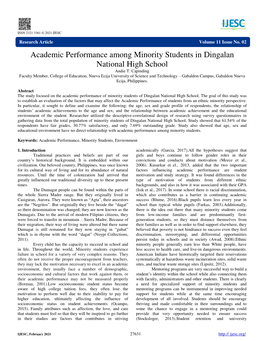 Academic Performance Among Minority Students in Dingalan National High School Andie T