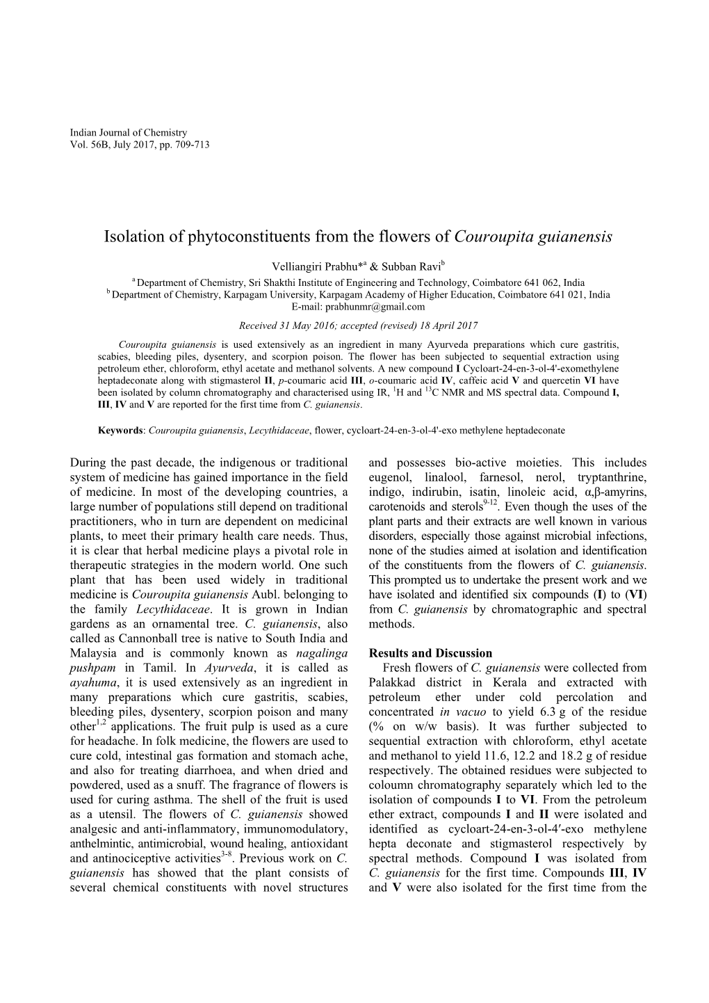Isolation of Phytoconstituents from the Flowers of Couroupita Guianensis