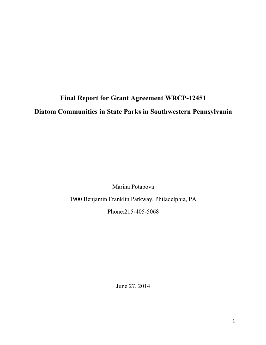 Final Report for Grant Agreement WRCP-12451 Diatom Communities in State Parks in Southwestern Pennsylvania
